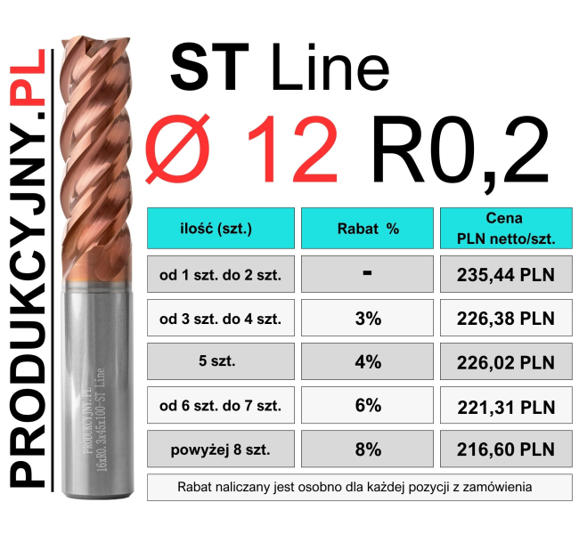 Frez z promieniem naroża fi 12 0,2 ST LINE